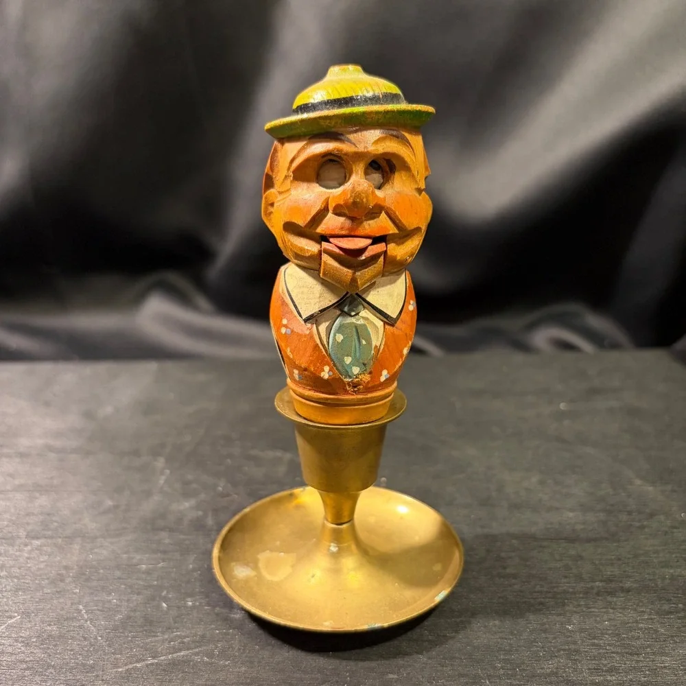 Vintage Hand Carved Wooden Mechanical Bottle Stopper Moving Jaw Man in Hat